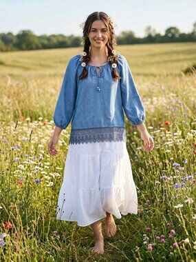 Adrienne Vittadini Womens Hippie Shirt Medium Denim Blue 3/4 Sleeve